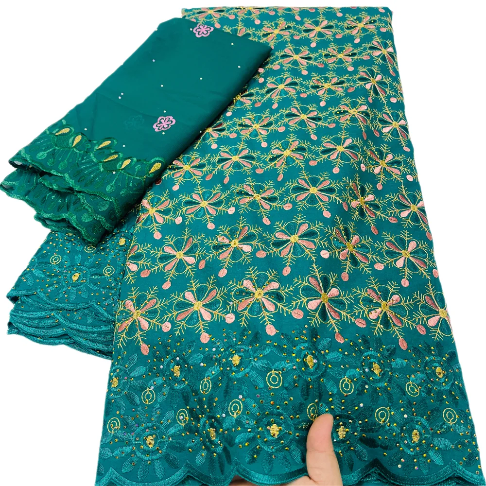 Fashion African 100% Cotton Swiss Voile Lace Fabrics High Quality Dubai Style Embroidery Lace With Stones For Party 5+2 Yards 65
