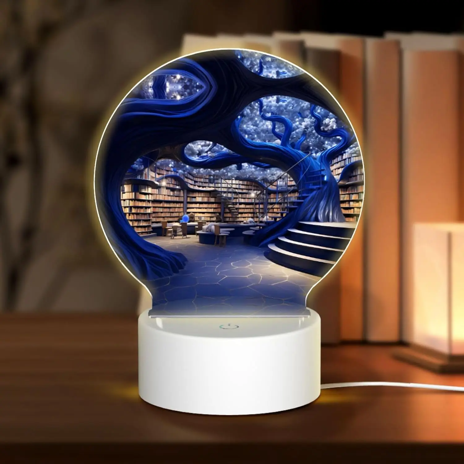 PHAYAH Dream Library Pattern Round Acrylic USB Night Light Room Light