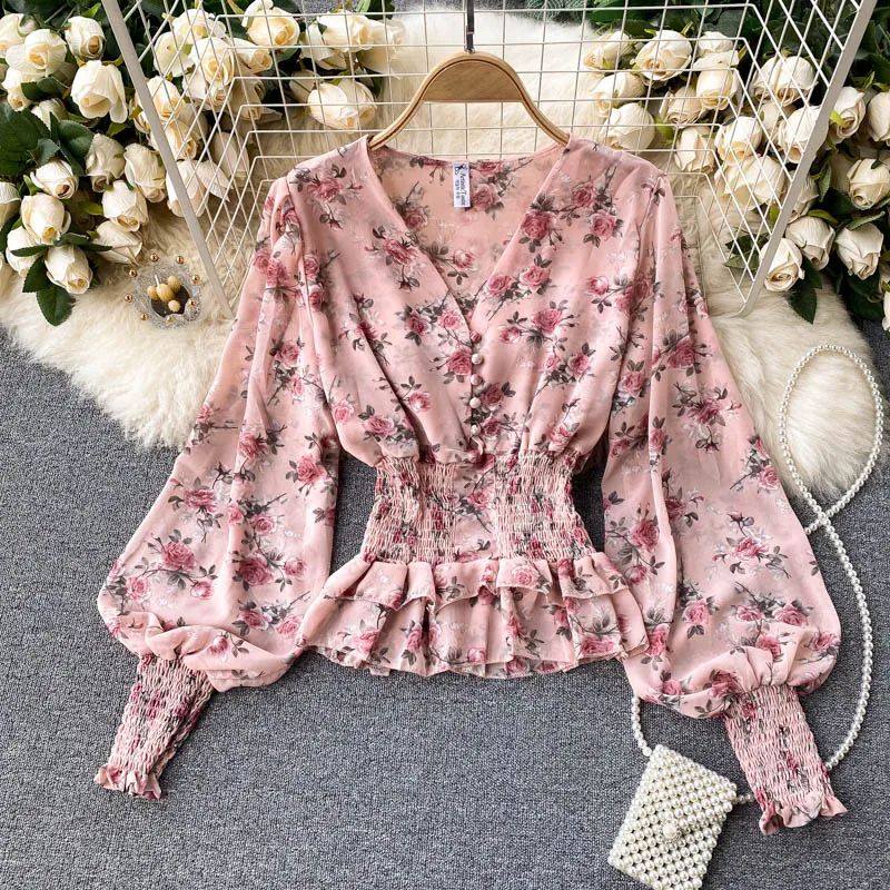 Elegant Sexy puff lool sleeve v neck Edible Tree Fungus Blouse Chic Pullover Vintage Shirt Korean Women Summer Top