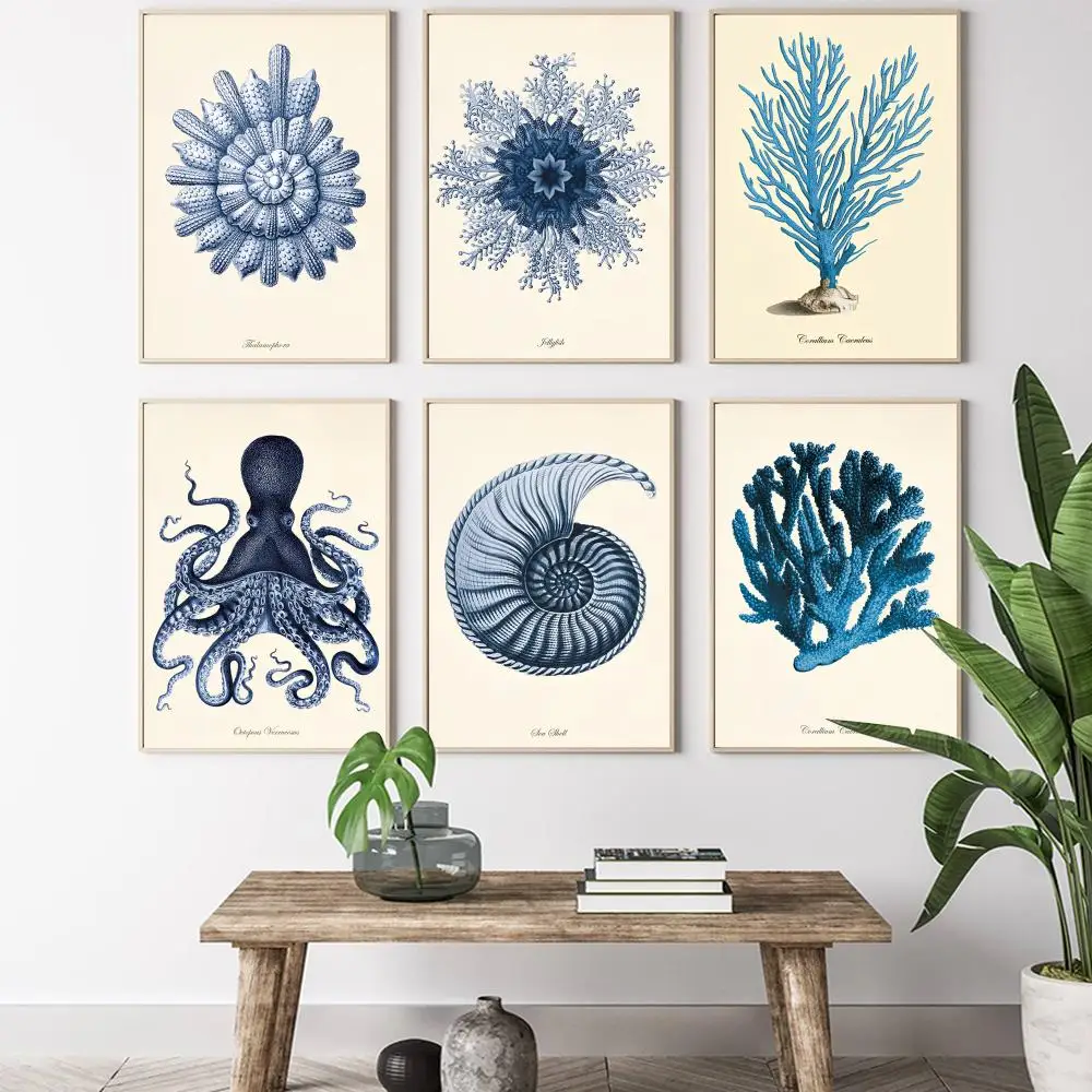 Blue marine creatures coral shrimp Painting Calligraphy HD Canvas Poster living room bedroom bar aesthetic
