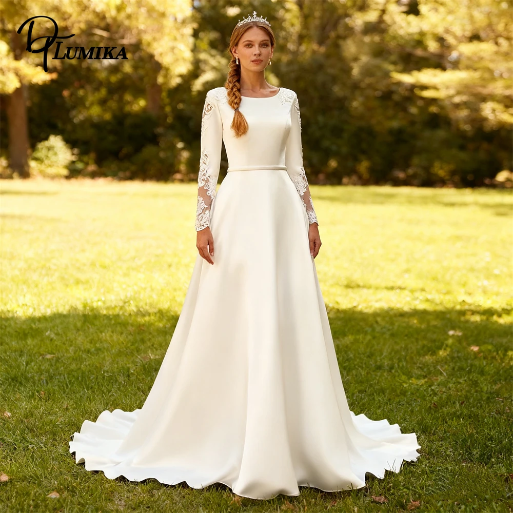 

DTLumika Elegant Satin Long Bride Dress with Lace Illusion Sleeves, Maxi Bride Dresses XS-6XL Plus Women Bridal Gown