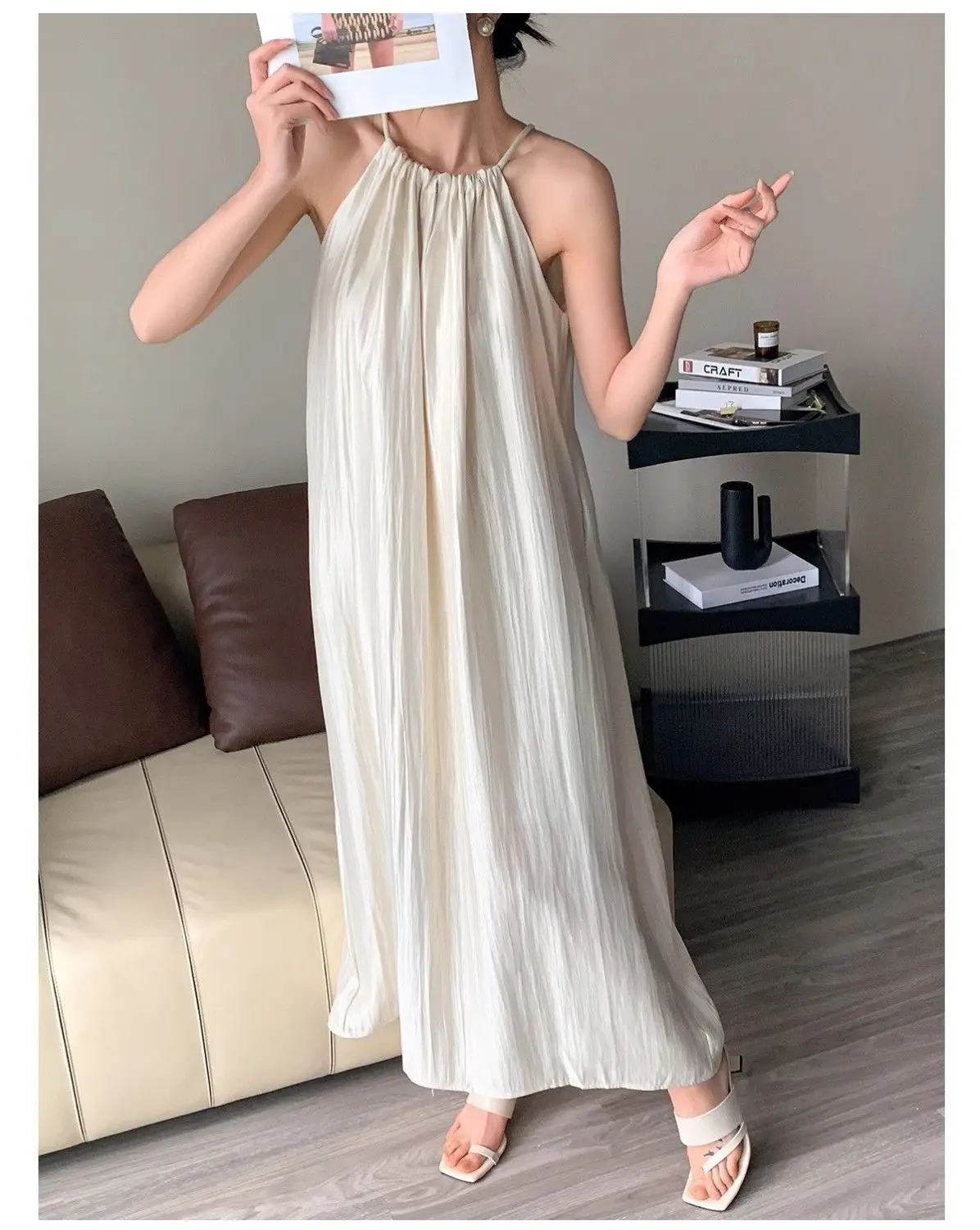 Tank Dress Lace Up High-End Feel Crinkled For Women Summer French Sweet Style Loose-Fit Dress Idle Style Solid Color Long