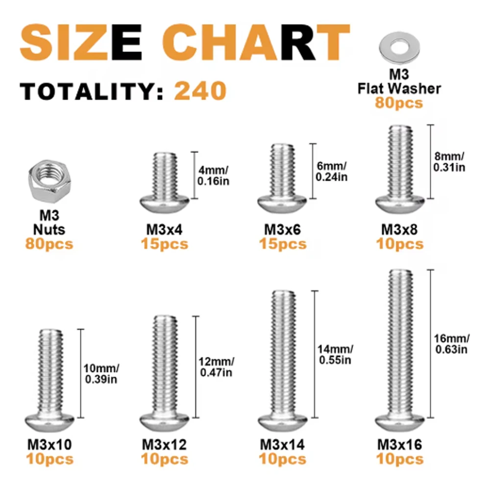 240Pcs M3 Hex Head Screws, M3x4/6/8/10/12/14/16mm Button Head Stainless Steel Internal Hexagon Screw Washer Nut Set