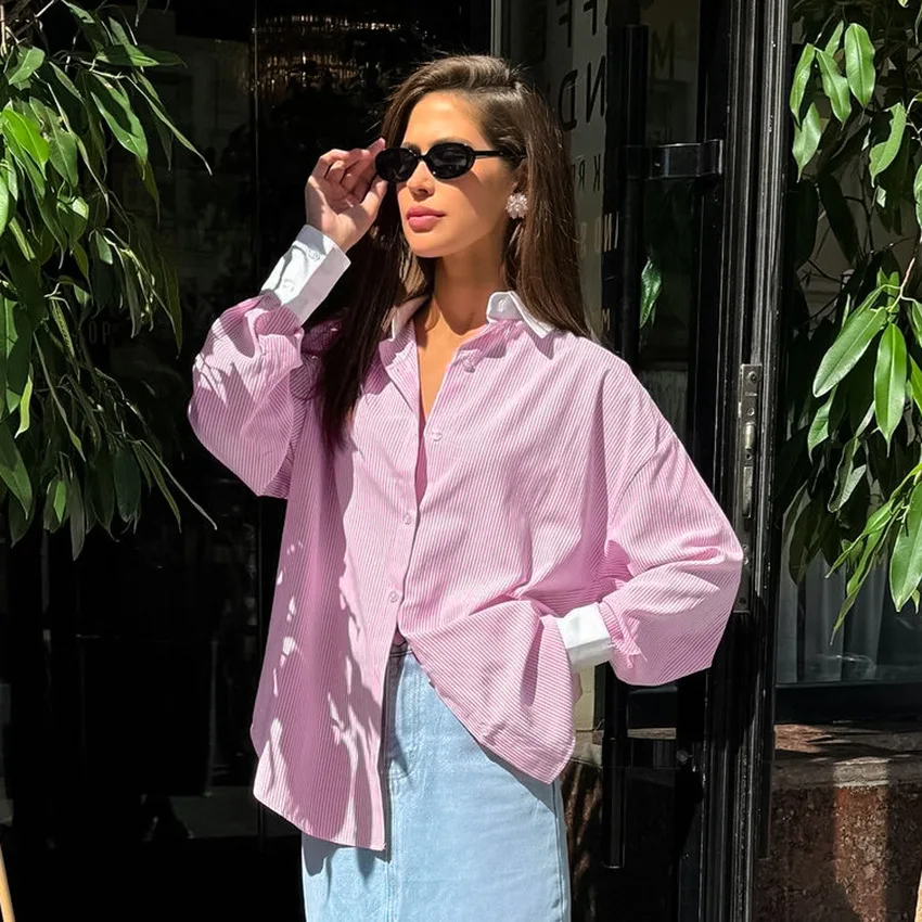 

Vintage Spring New Single Breasted Blouse Loose Long Sleeve Striped Shirt Fashion Top Pink Turn-down Collar Women's Shirt
