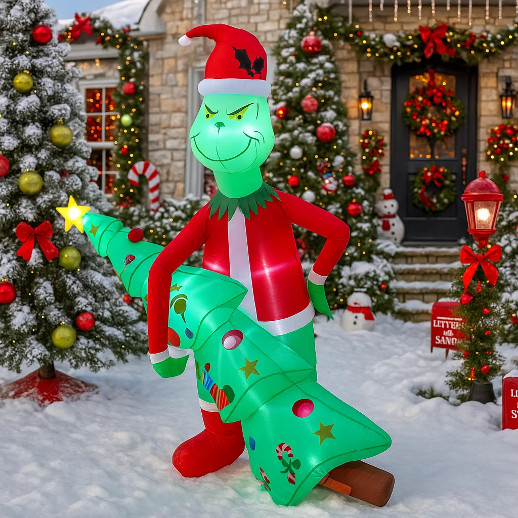 2.1M/6.8FT Inflatable Grinch Holding Christmas Trees Light LED Home Decorations Toy Yard Xmas Supplie Holiday Outdoor Yard Decor
