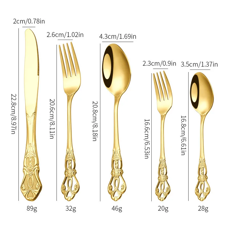 20pcs Gold embossed high-end stainless steel cutlery set Retro Design Royal European Spoon Fork set Dessert Fork Steak knife