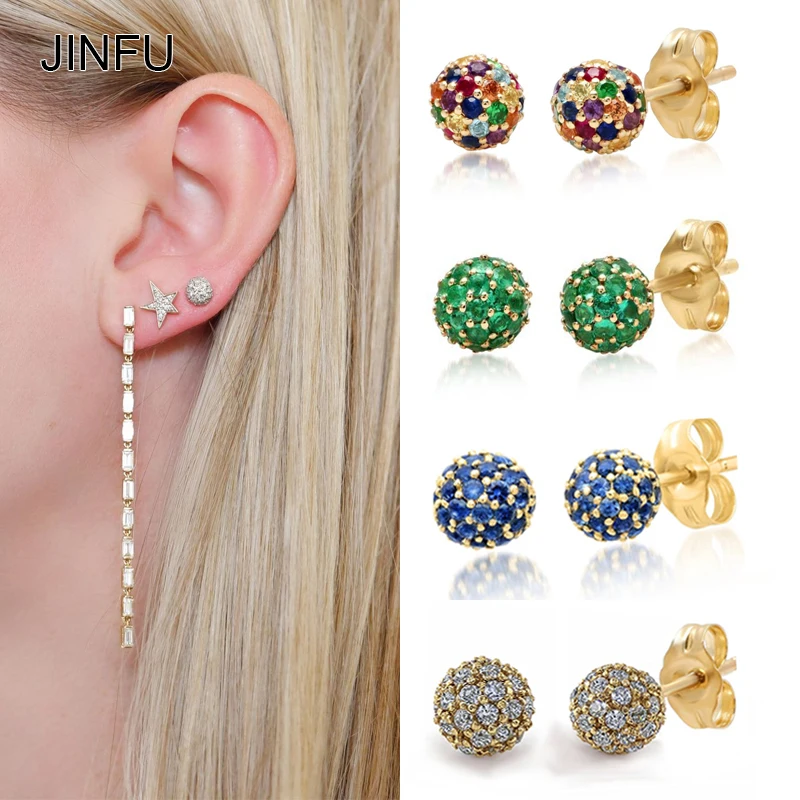 

JINFU Luxury Gold Plated Stud Earrings For Women Color Ball CZ Zircon Piercing Earrings 2022 Women Weding Party Jewelry