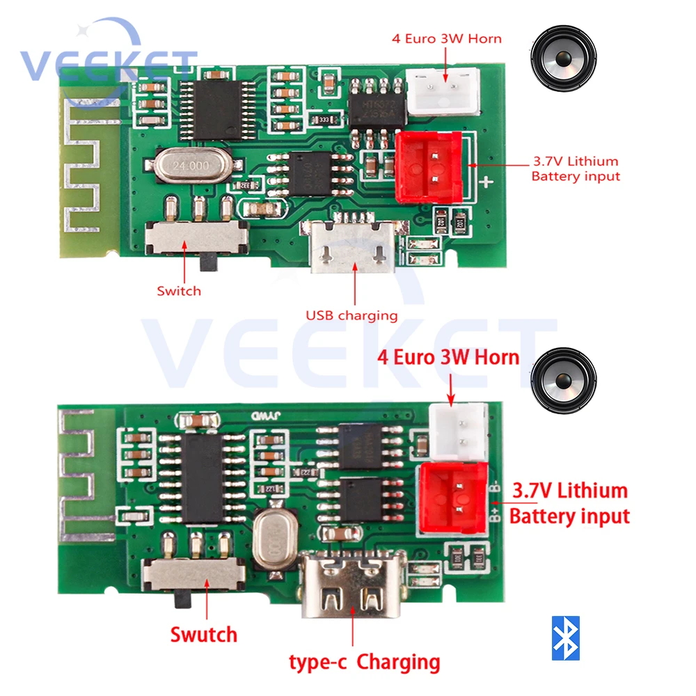 Mono Bluetooth Amplifier Board 3.7V 3W 4Ω With Li-ion Battery Charging Micro USB and Type-C Ports Suitable for Bluetooth Audio