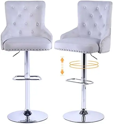 

Bar Stools Set of 2, Gray Velvet Adjustable Swivel Kitchen Island Chairs