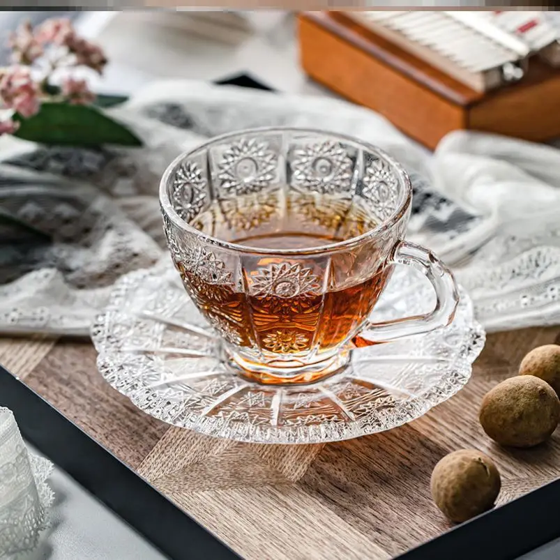 

Transparent Coffee Cup With Handle Vantage Luxury Tea Water Mugs And Saucers Spoon Glass Flower Copo De Vidro Coffee Accessories
