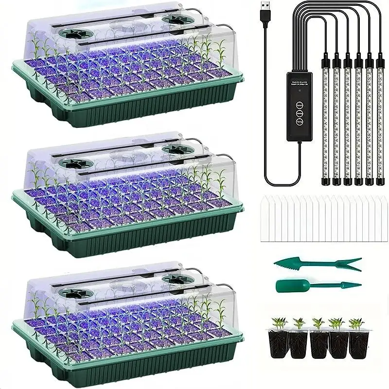 3Pack 120 Cells Seed Starter Tray 6 LED Grow Lights Smart Timer 3 Modes Indoor Greenhouse Germination Kit for Home Gardener