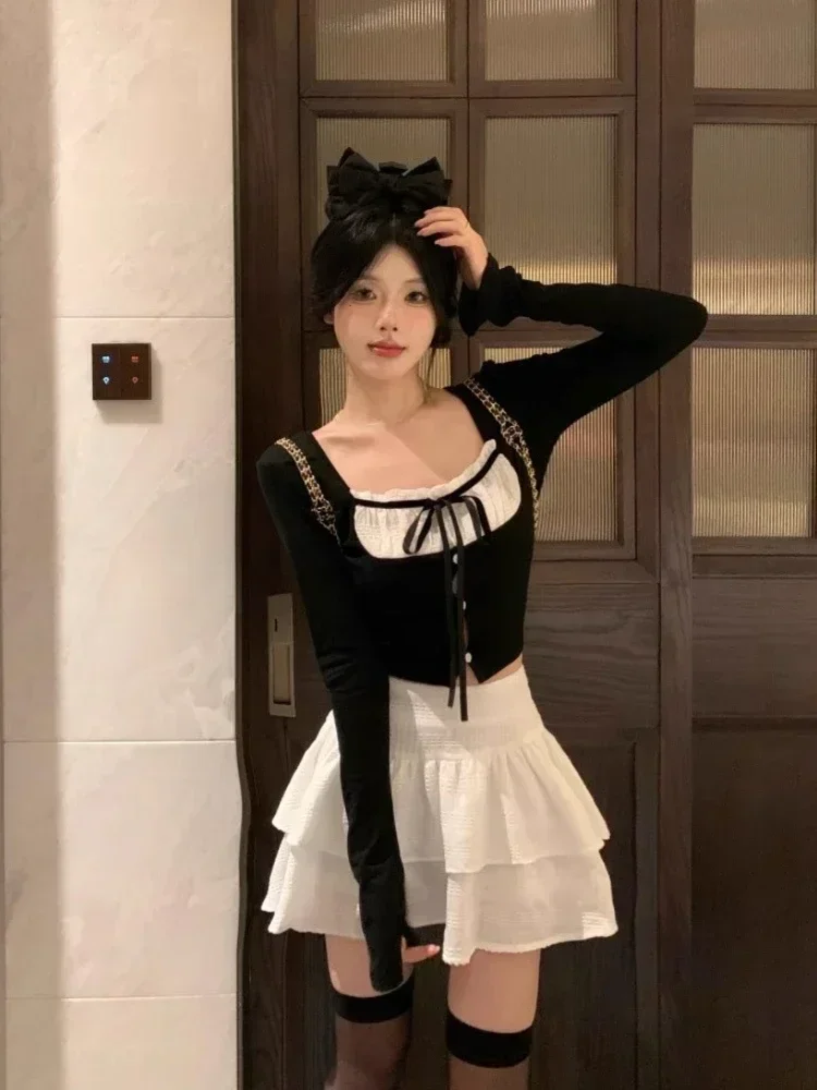 2023 Autumn 2 Piece Skirt Set Women Casual Bow Shirts + Elegant Sexy Bodycon Mini Skirt Slim Beach Style Korean Chic Skirt Suits