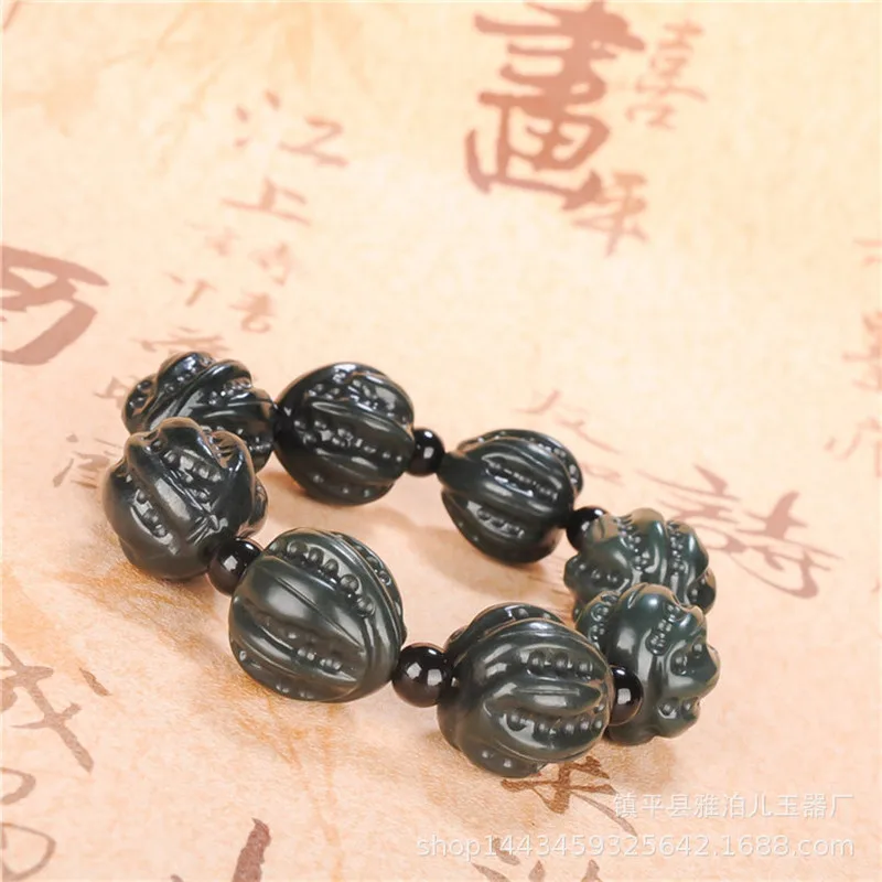 Hetian , ’S Style, Walnut‑Patterned , Green Jade Men’S Bead Bracelet