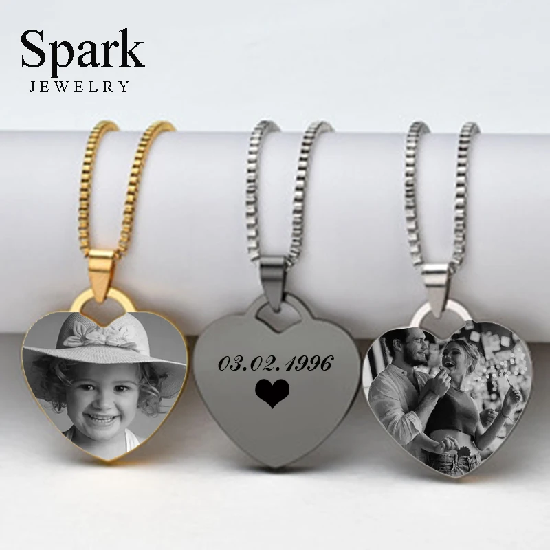 Spark Personalized Stainless Steel Custom Name Colorful Photo Heart Pendant Necklace For Women Girl Jewelry Gift