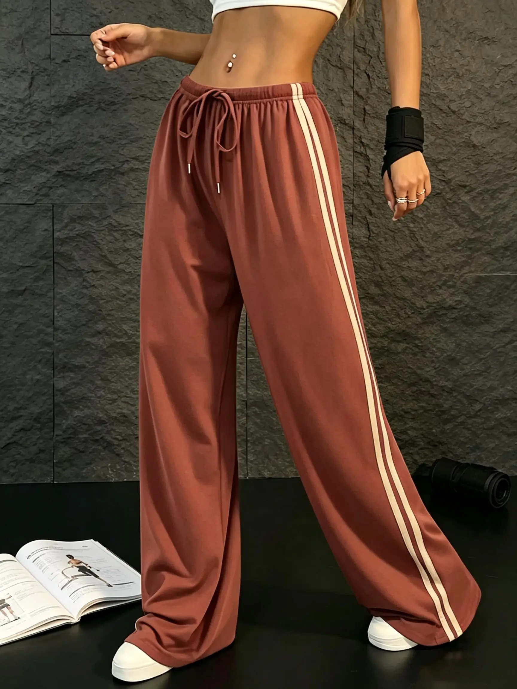 Women Drawstring Side Double Striped Wide Leg Sweatpants Elastic Waist Casual Sports Trousers
