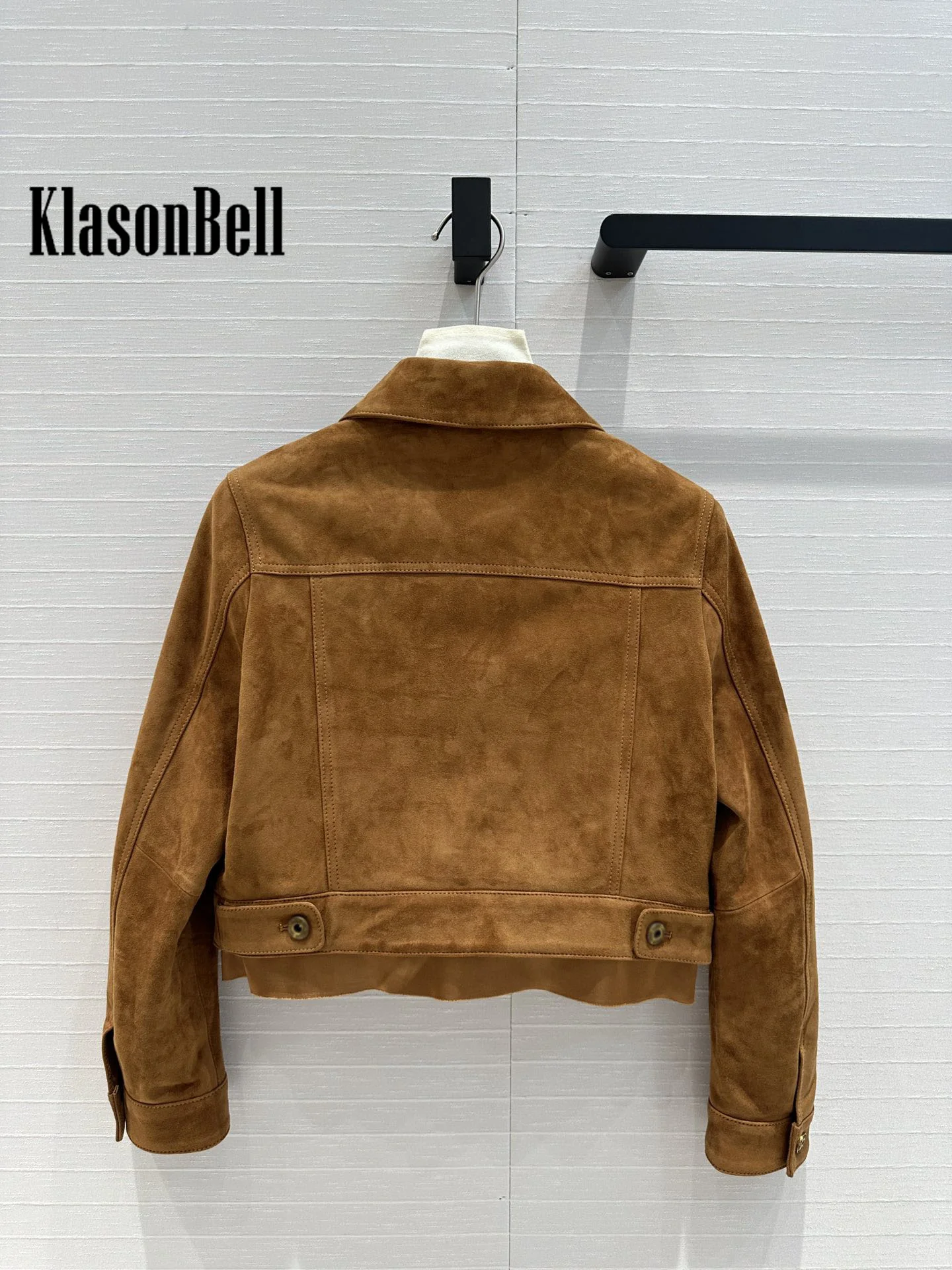 7.11 KlasonBell Letter Embroidery Vintage Kid Suede Lapel Short Jacket For Women Frayed Spliced Sheepskin Straight Outerwear