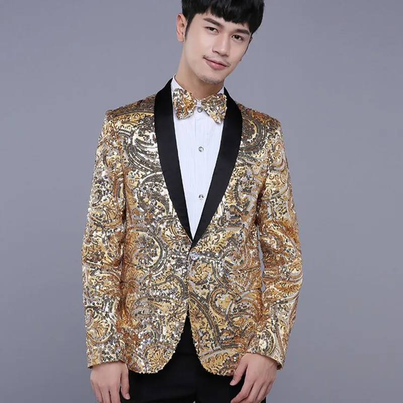 Fashion Men Luxury Sequin Blazer Jacket Red / Blue / Golden 2024 New Male Prom Party Groom Wedding Dress Suit Coats