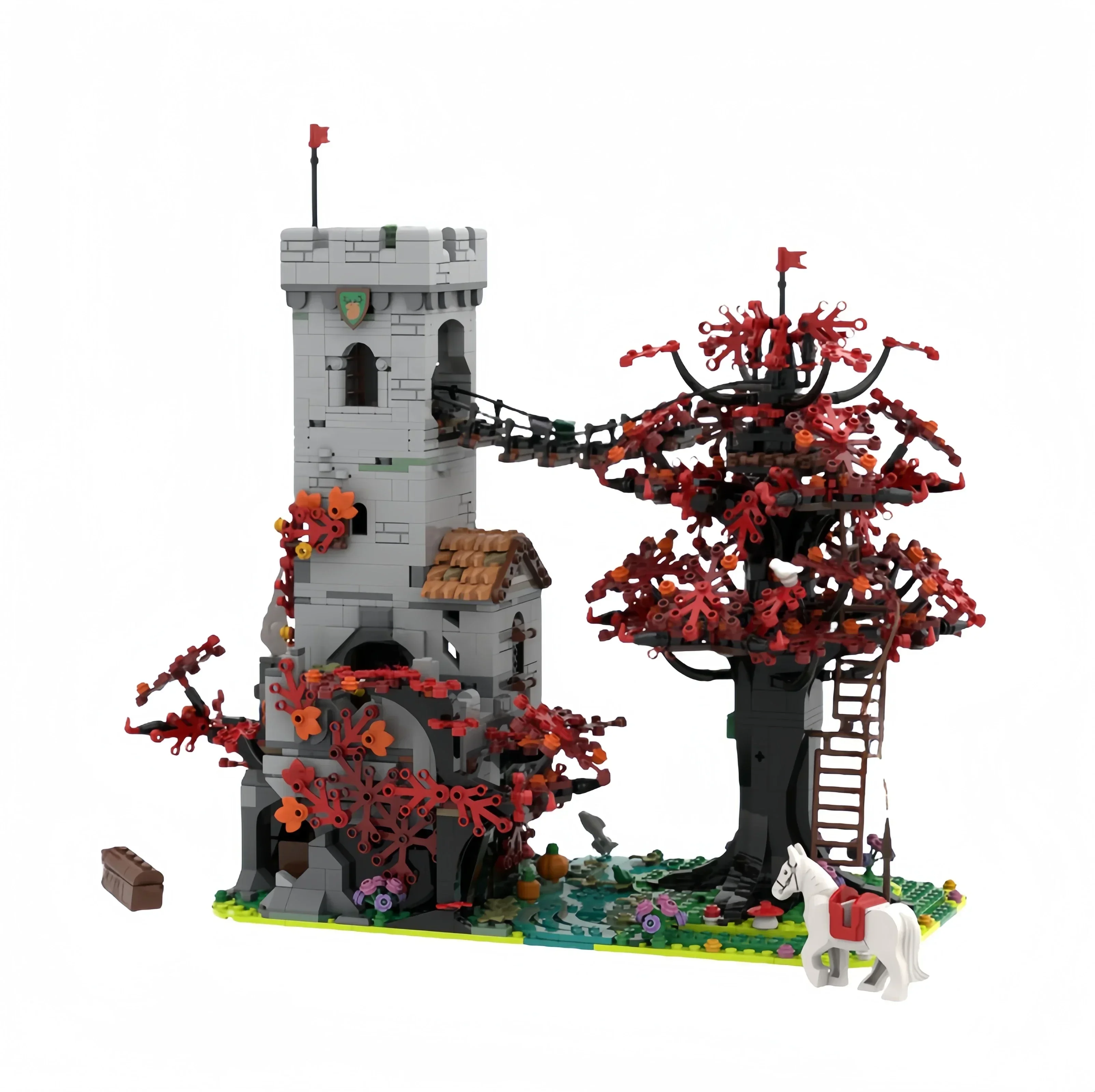 Medieval Castle Model MOC Building Bricks Red Tree Leaf Fortress Modular Technology Gifts Holiday Assemble Children Toys Suit