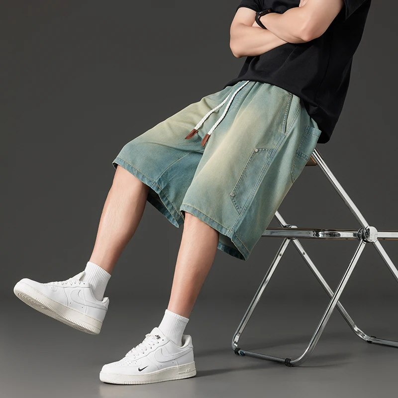 Pantalones cortos de mezclilla para hombre 5XL 6XL 7XL 8XL, ropa de verano de marca, cintura elástica con cordón, ligeros, de lyocell, estilo baggy hasta la rodilla
