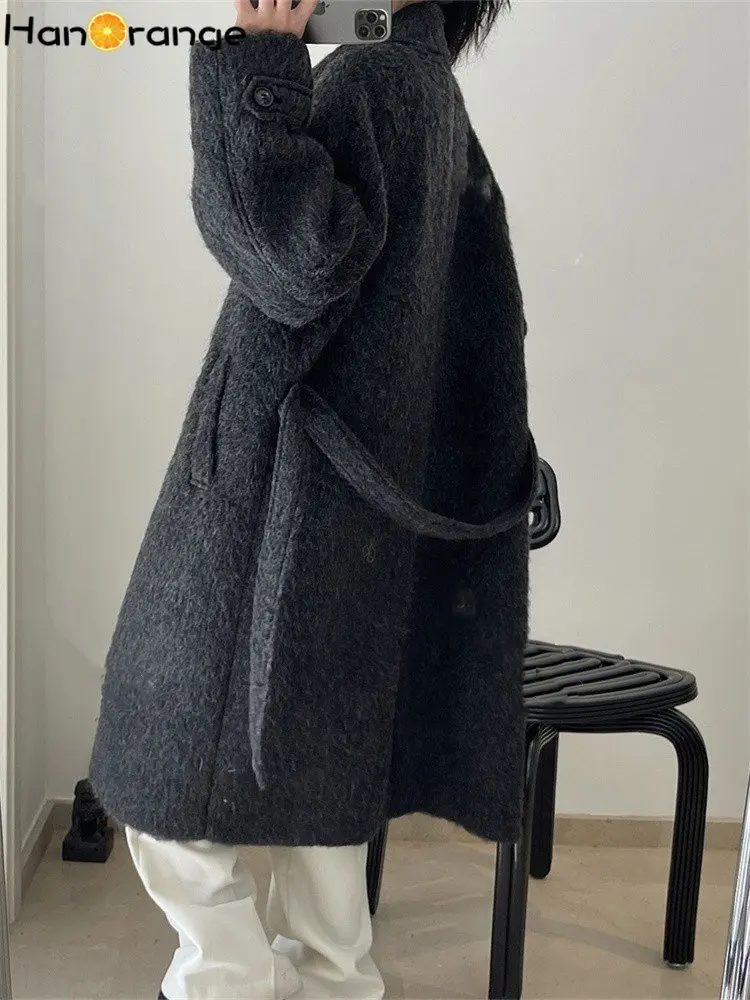 HanOrange 2024 Winter Fashion X-Long Wool Coat Women Loose Silhouette Outwear Female Dark Gray