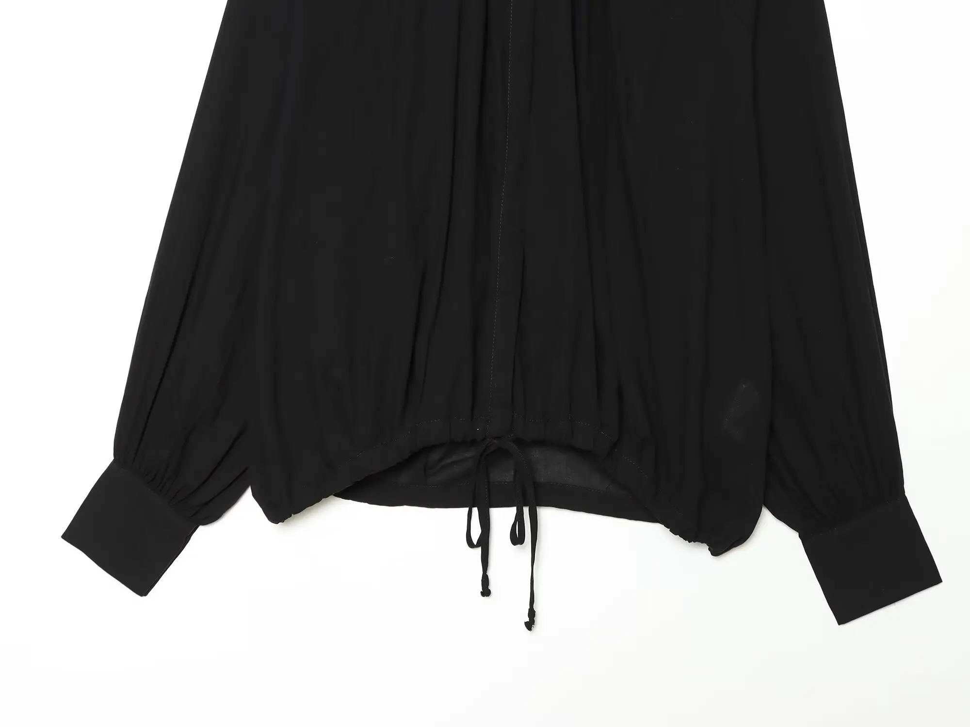 BSAY 2026 Sommer Damen Elegante Einfarbige Hochgeschlossene Langarm-Bluse mit Gerafftem Saum und Kordelzug Locker Sitzende Lässige Schwarze Bluse – Detail 4
