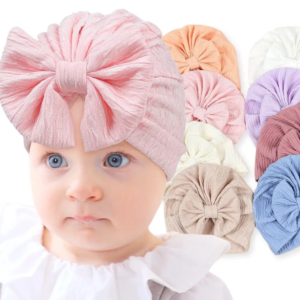 

New Cotton Ribbed Turban Babes Beanie Caps Baby Girls India Hat Turban Toddler Infant Bowknot Cap Baby Head Wraps Kids Headwear