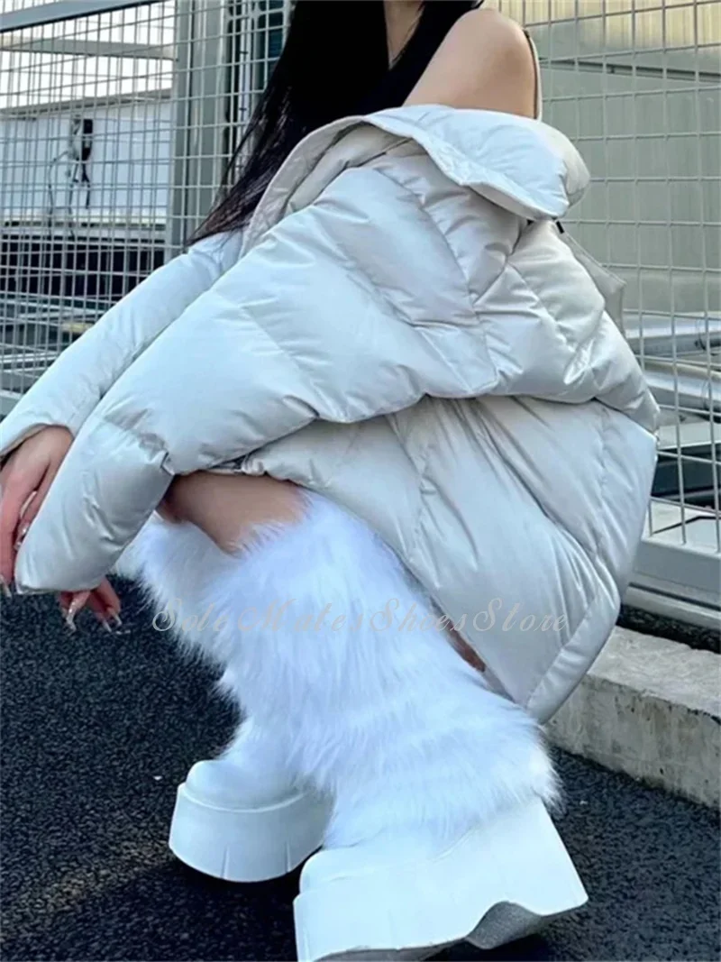 White Thick Bottom Real Fur Snow Boots Knee High Slip On Wedge Heel Waterproof Women's Fashion Boots 2025 New Comfort Long Boots