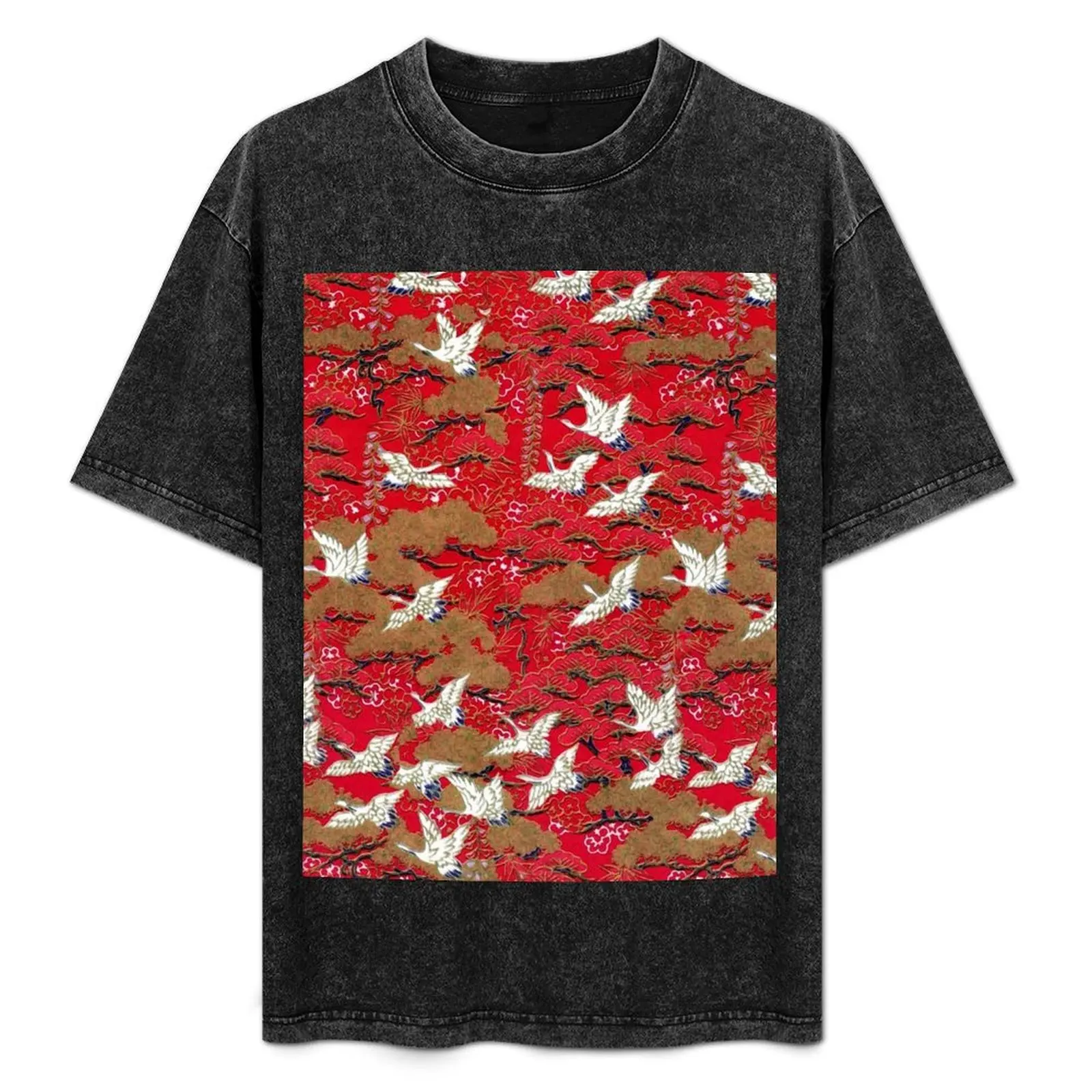 

FLYING CRANES AND SPRING FLOWERS Red Brown White Antique Japanese Floral T-Shirt All Weather Casual Short Sleeve