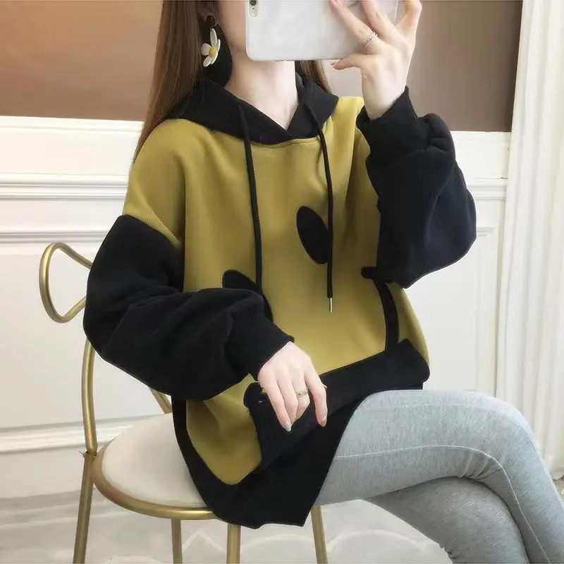 

Fashion Spliced Pockets Embroidery Hoodies Sweatshirts Female Clothing 2023 Winter Loose Korean Tops Casual Warm Sweatshirts