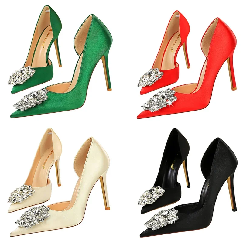 Women 7cm 10.5cm High Heels Fashion Vintage Rhinestone Party Pumps Lady Bling Prom Low Heels Luxury Formal Dress Red Green Shoes