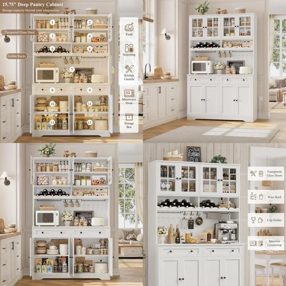 

Белый высокий кухонный шкаф-панилер с зарядной станцией, подставкой для микроволновки и винными полками