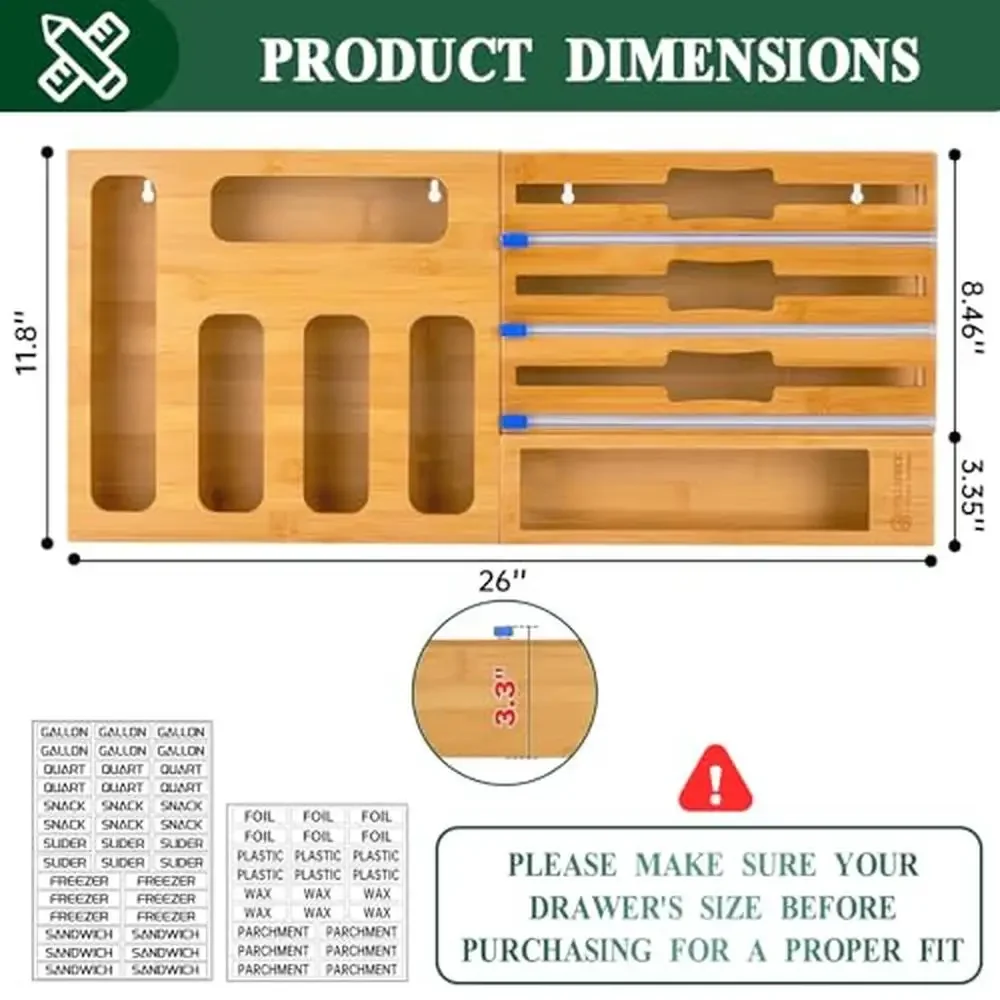 Kitchen Wrap Dispenser Storage Bag Organizer Wall Mounted Bamboo Cutter Rack Kit