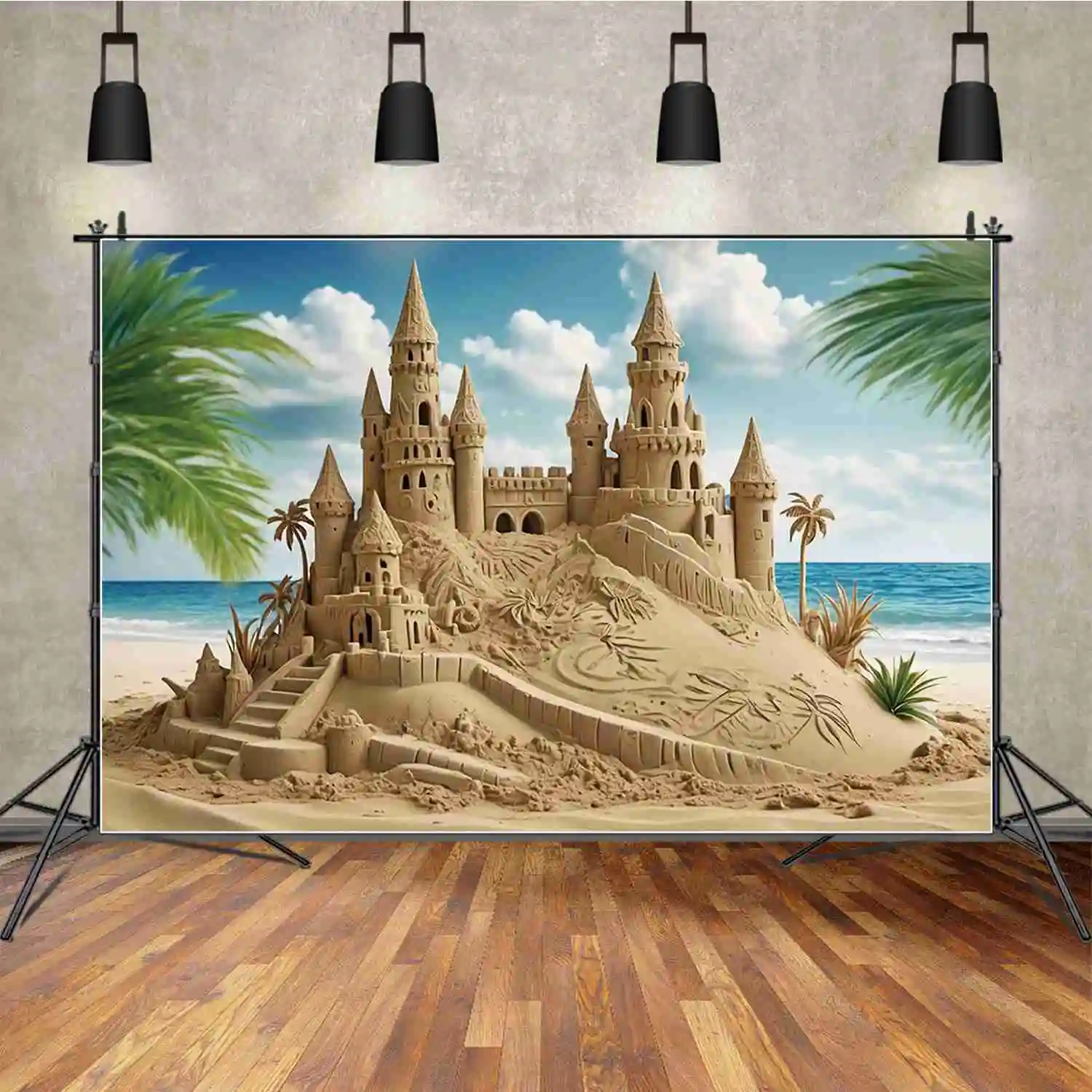 

MOON.QG Tropical Beach Birthday Backgrounds Children Palm Tree Sand Castle Backdrops Custom Party Decoration Photocall Props