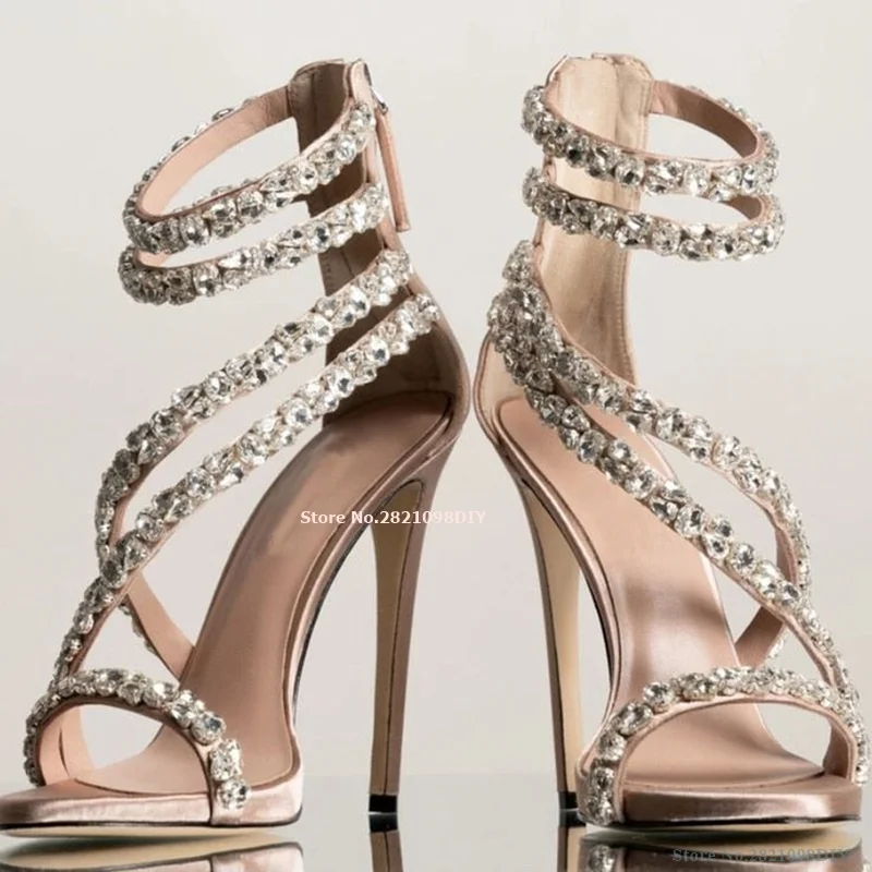 High Heel Sandals with Silver Crystal Strap Beaded Satin Ribbon Stiletto Heeled Summer Shoes Women Bling Bling Ankle Strap Shoe