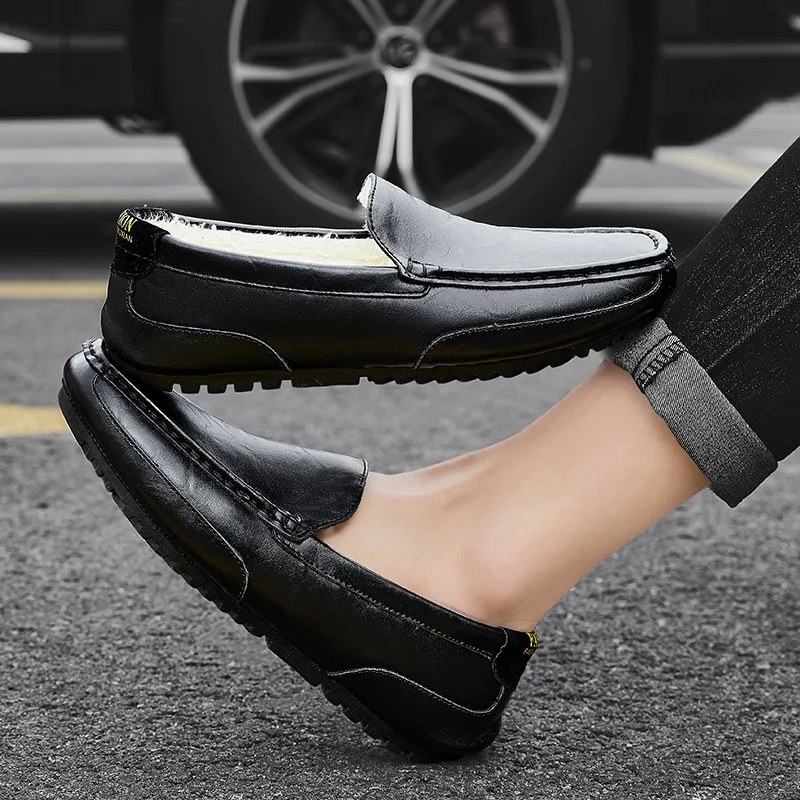 

Classic Black Men's Loafers Shoes Big Size 47 Leather Warm Fur Shoes for Men Comfort Slip-on Winter Shoes Men Mocasines Hombre