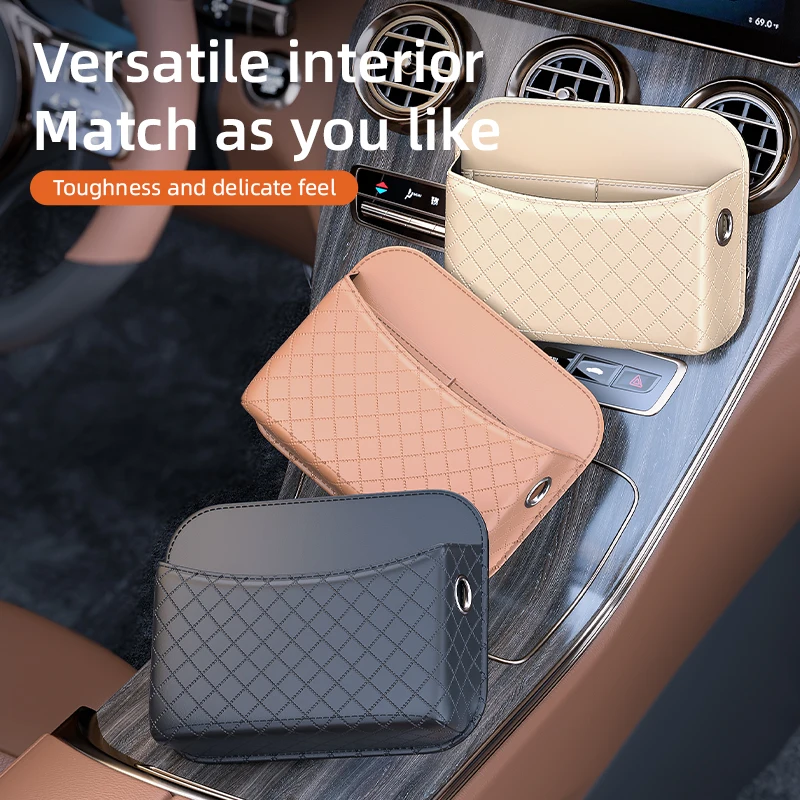 1 Stück im Auto montierte Aufbewahrungstasche – Leder-Fahrzeug-Organizer-Tasche, funktioneller selbstklebender Autotelefonhalter, Handy-Aufbewahrungstasche im Auto