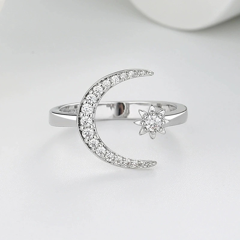 Crescent Moon Star Open Ring Elegant Geometric Adjustable Ring for Women American Style Delicate Jewelry Gift
