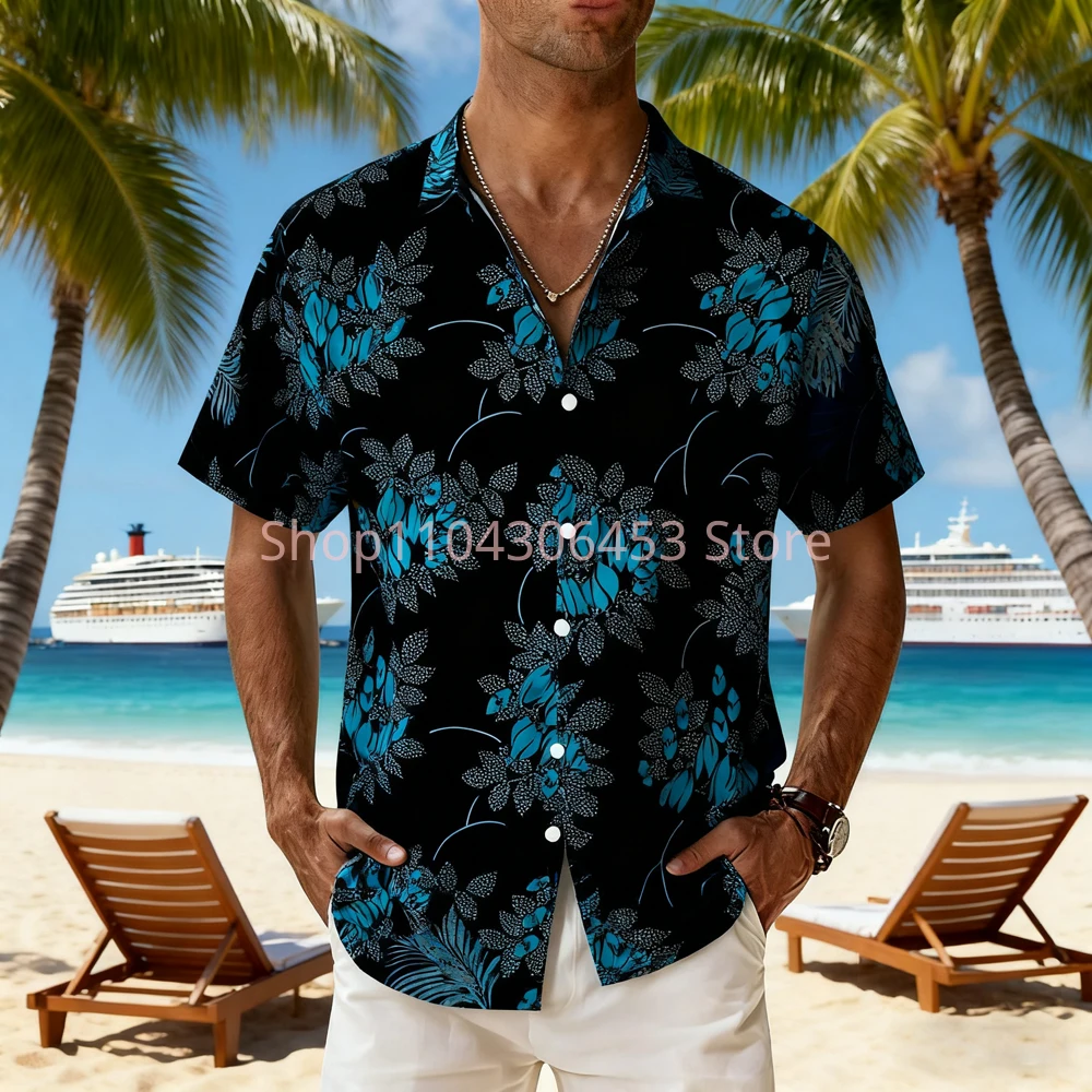 Men's 10-color Leaves Flowers Big Red Big Green 3D Printed Short-sleeved Lapel Hawaii Beach Party Thin Breathable Casual Shirt