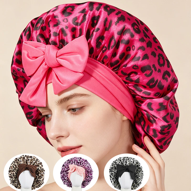 Women Satin Hair Bonnet Leopard Print Sleep Cap with Bow Tie Adjustable Soft Silk Beanie Hat for Curly Hair Sleeping Protection