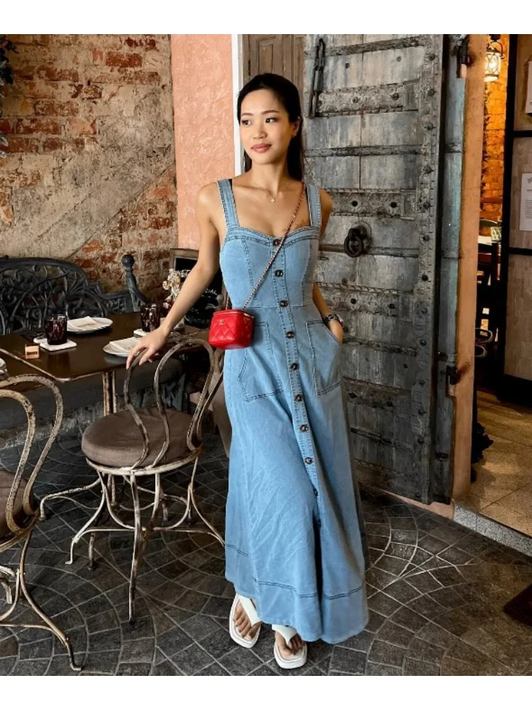 Women Sexy Denim Dress Women 2024 New Spring Summer Single Mini Dresses Jean Dress New Retro Casual All-match Denim Slip Dresses