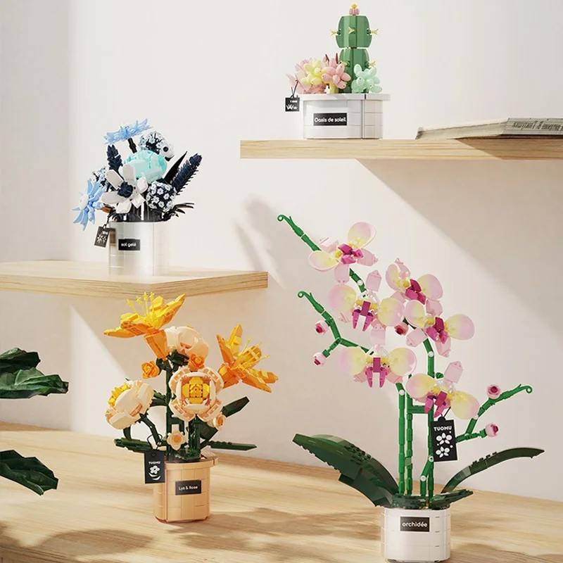 

Букеты цветов в горшках, строительные блоки с горшком, сборка, украшения для комнаты, лилия/кактус, развивающие игрушки, мини-кирпичи, игрушки, подарки для девочек