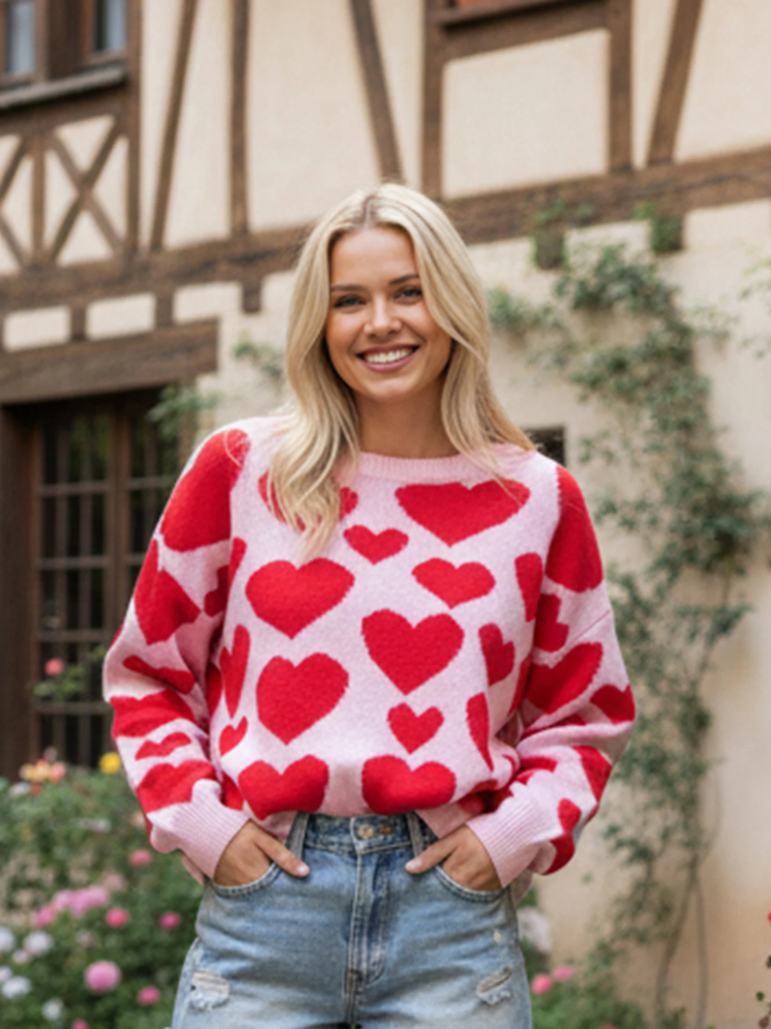 سترة نسائية مريحة كبيرة الحجم مع تصميم قلب لطيف، بلوفر محبوك أنيق بأكمام طويلة باللون الأحمر كاجوال برقبة دائرية للخريف