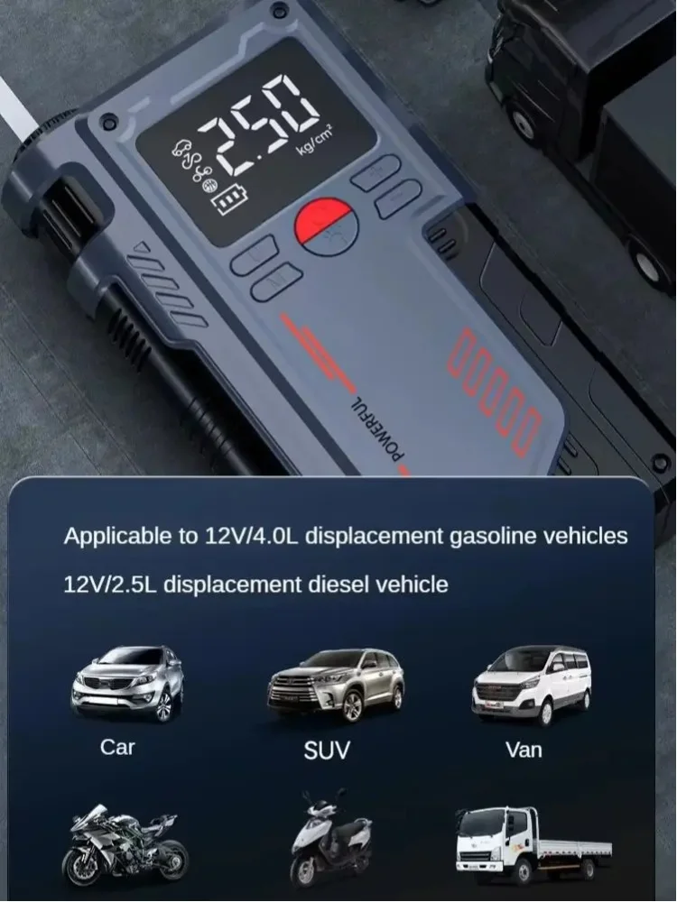 Wielofunkcyjne urządzenie do awaryjnego rozruchu samochodu: pompka powietrza, kompresor powietrza 150 PSI, akumulator 20000 mAh, maksymalny prąd rozruchowy 1000 A, urządzenie do napełniania opon. — 2