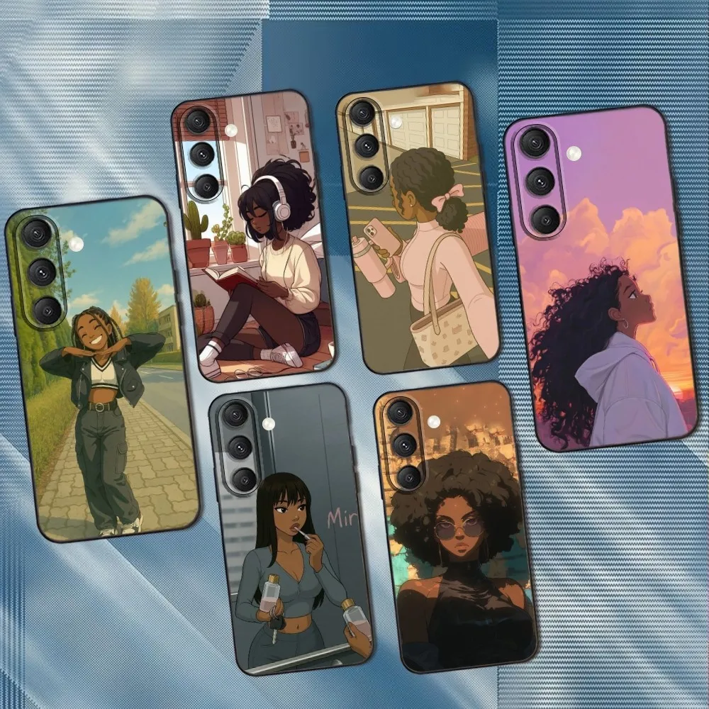 Afro Black Girl Phone Case For Samsung S25,S24,S23,S22,S21,S20,S10,Ultra,Plus,Lite,FE,Soft Silicone Black Cover