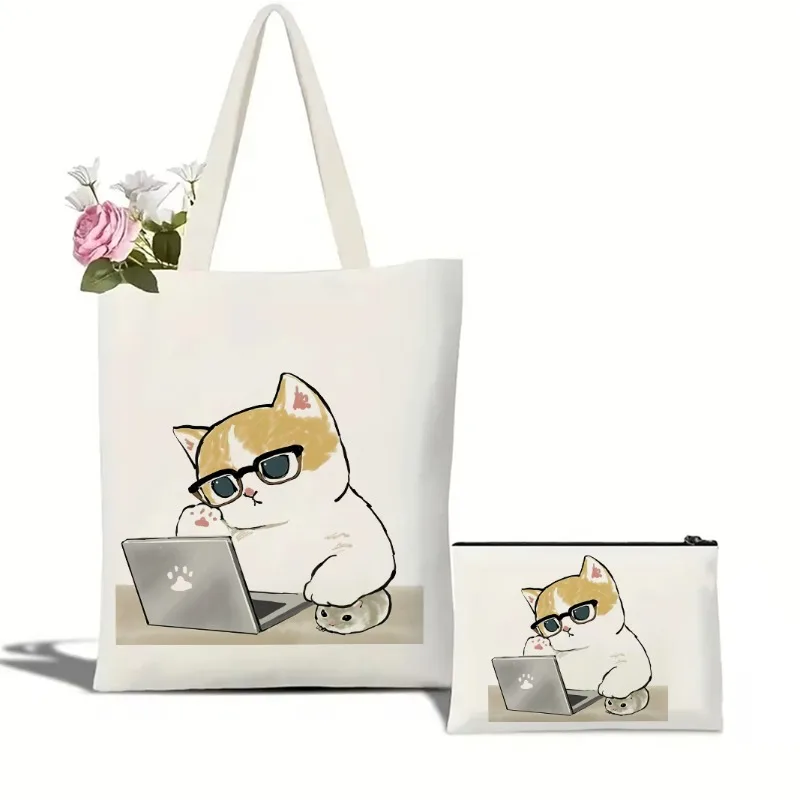 مسلية المهنية القط تصميم واسعة قابلة لإعادة الاستخدام حمل للمكتب والركاب مدرسة لطيف الزنجبيل هريرة العمل حقيبة قماش قنب