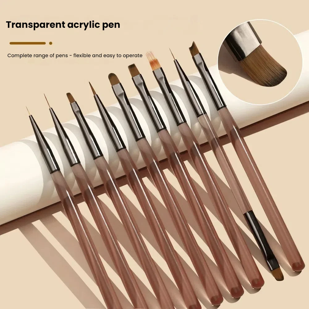 9PCS Japanese Style Nail Brush Set in Tea Icy Grey Tones Semi Transparent Shaft Multi function Brushes for Gel Manicure Supplies