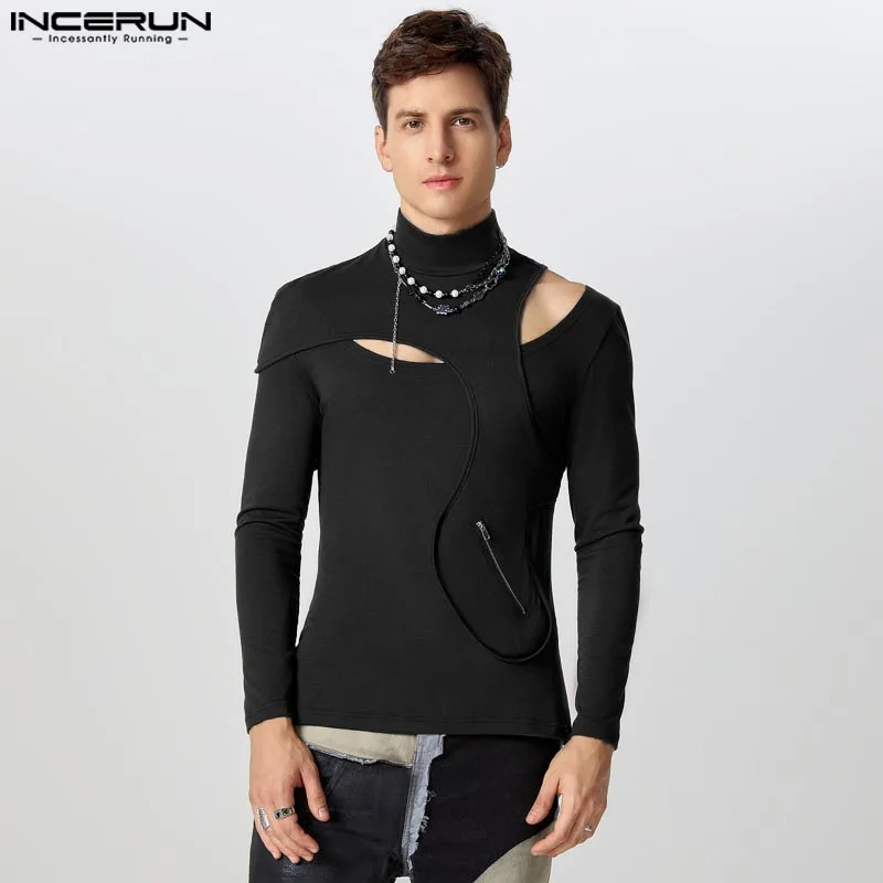 Casual Stylish Tops INCERUN Men Solid Deconstruction Hollow T-shirts Handsome Male Zipper Pocket High Neck Long Sleeved Camiseta