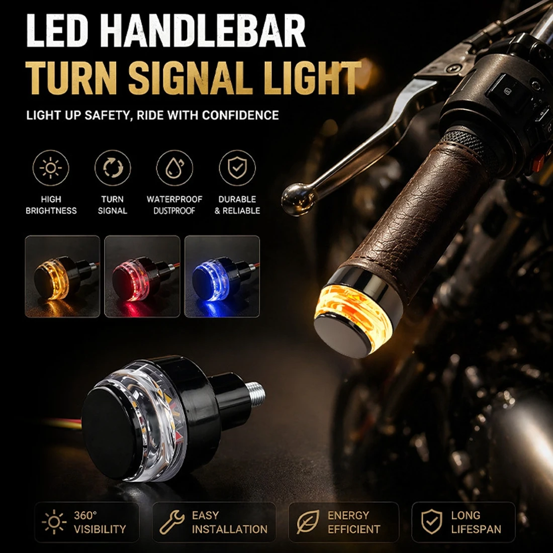 2Pcs 12V Motorcycle LED Handlebar End Turn Signal Light White Yellow Flasher Handle Grip Bar Blinker Side Marker Lamp Lighting