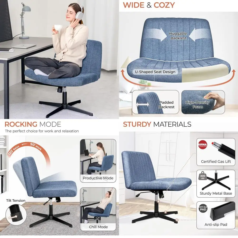 

Регулируемый поворотный тканевый офисный стул с широкими ножками, без подлокотников, удобный для домашнего использования (синий)