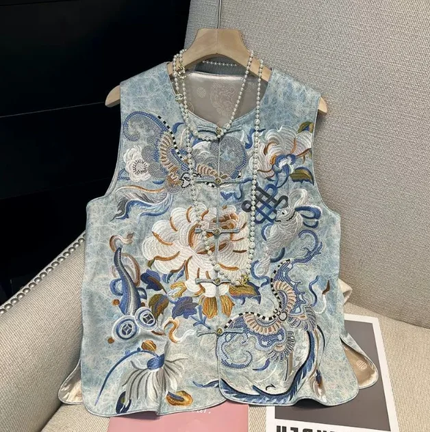 

Retro Chinese Style Women's Vest O-Neck Heavy Embroidery Frog Tie Dye Vest Jacket Commuting Women's Fashion Sleeveless Jacket